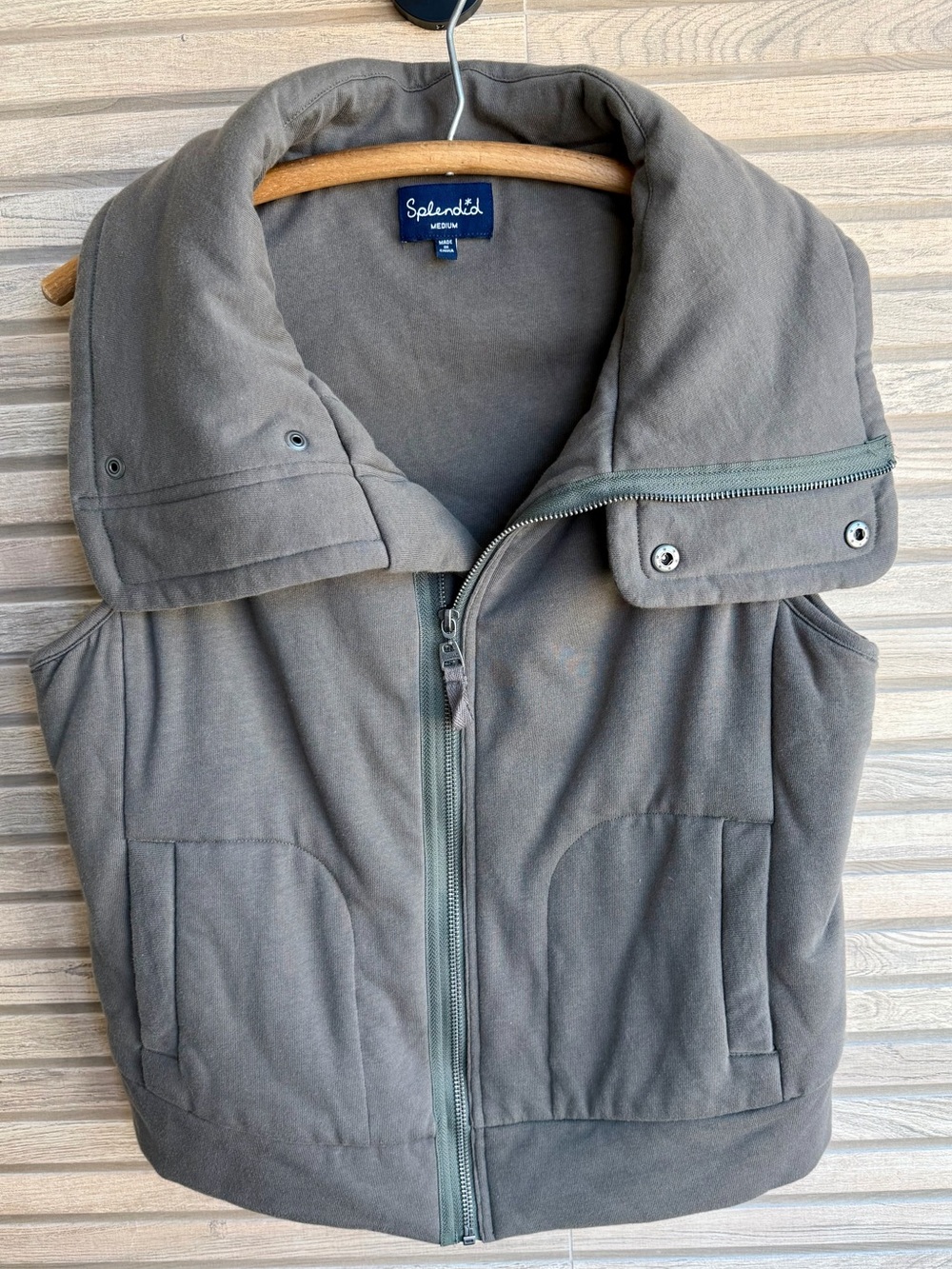 Splendid Taupe Gray Olive-Grey Padded Funnel Neck Puffer Luxe Zip Vest Medium